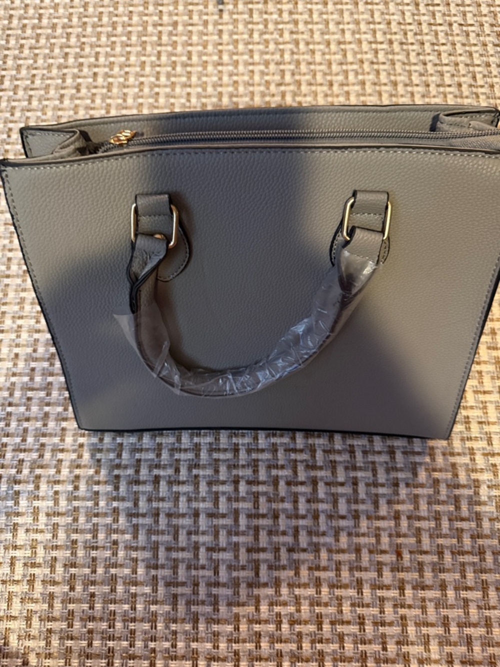 Structured Grey Pebbled Tote Handbag with Gold-Tone Hardware